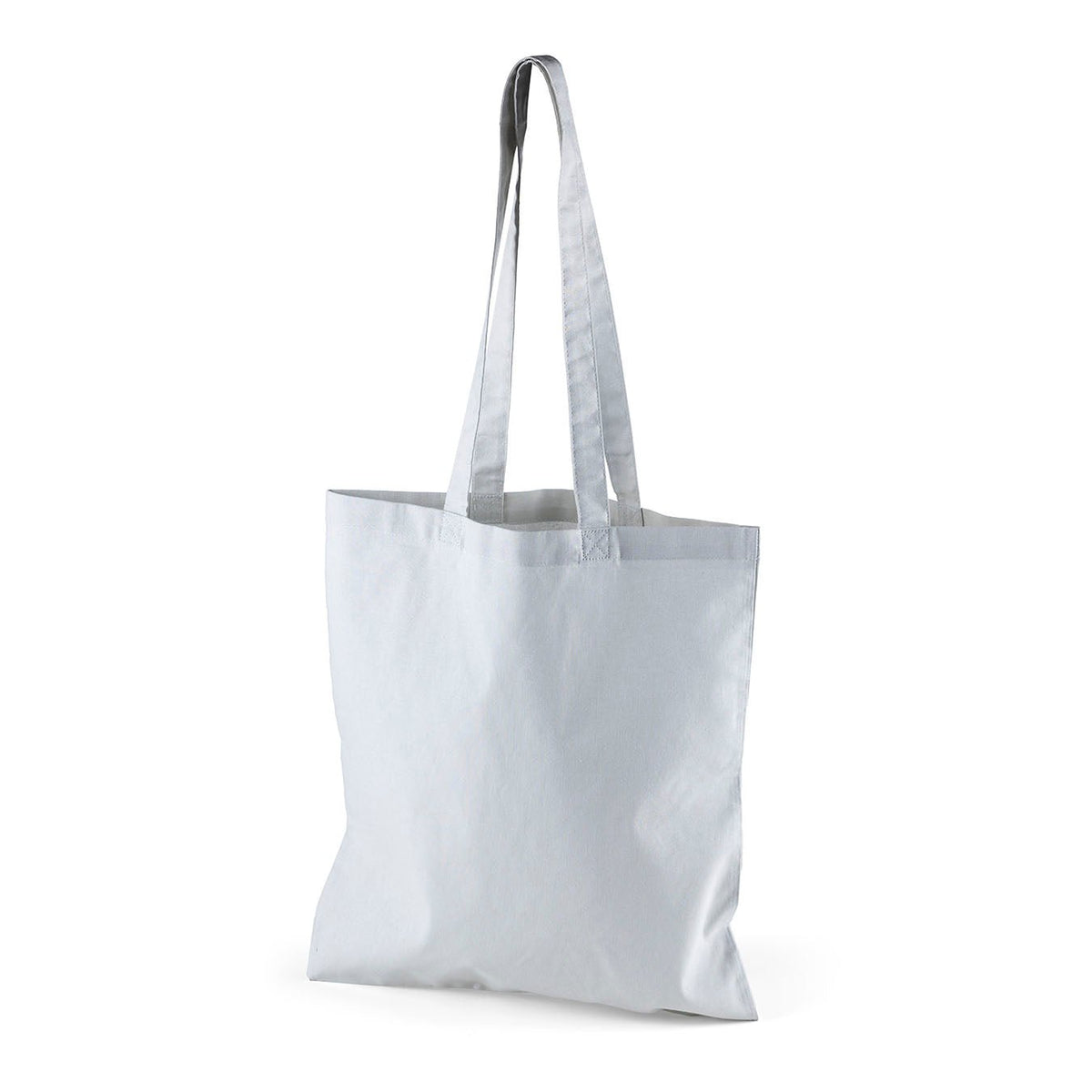 Light gray cotton tote bag with logo print, 140 g/m², 38 × 42 cm