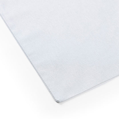 Close-up detail of light gray cotton tote bag with logo print, 140 g/m²