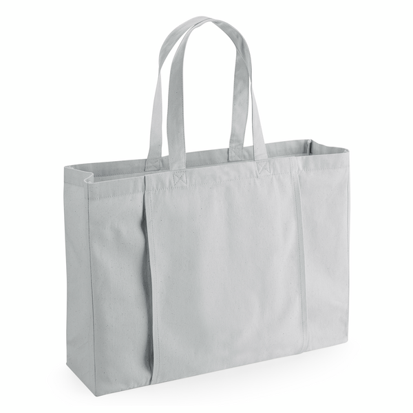 Light grey organic cotton yoga tote bag with outer mat sleeve, 50 × 36 × 13 cm, 340 g/m²