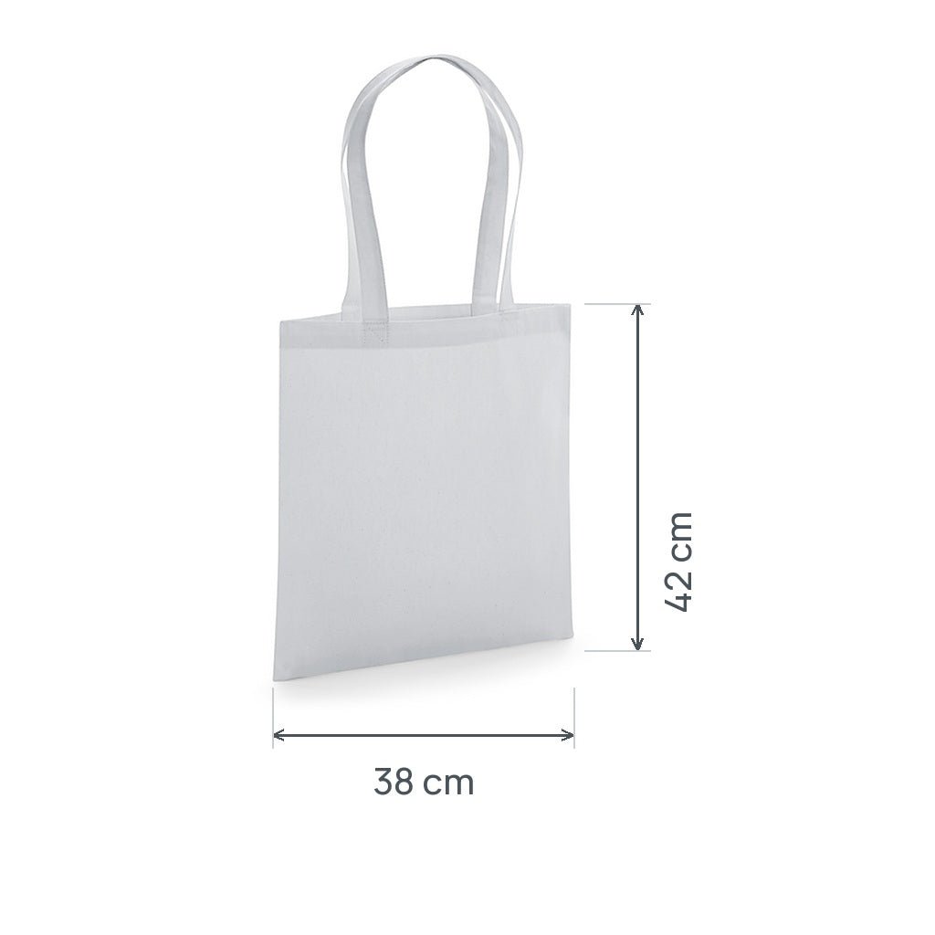 Tote bag en coton bio premium gris clair certifié GOTS, 200 g/m², 38 × 42 cm, avec cotes de hauteur et de largeur