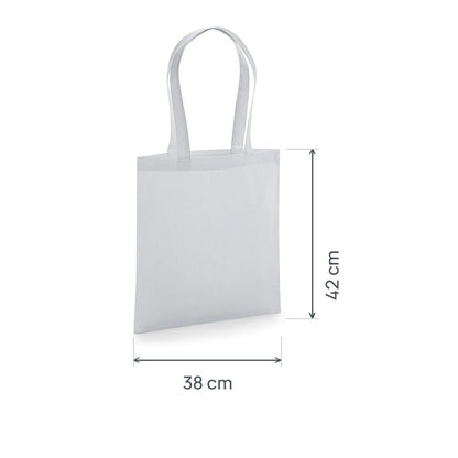 Tote bag en coton bio premium gris clair certifié GOTS, 200 g/m², 38 × 42 cm, avec cotes de hauteur et de largeur