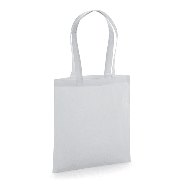 Tote bag en coton bio premium gris clair certifié GOTS avec anses longues et impression de logo personnalisée, 200 g/m², 38 × 42 cm
