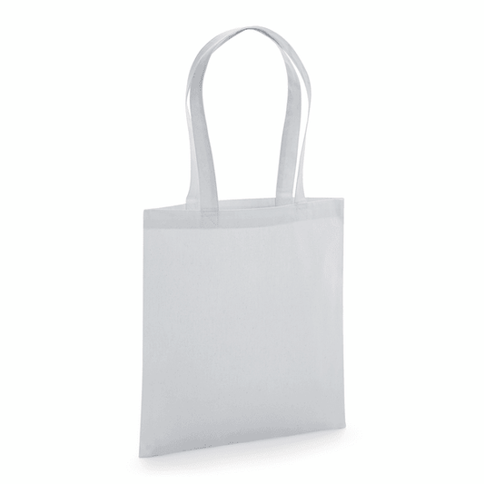 Tote bag en coton bio premium gris clair certifié GOTS avec anses longues et impression de logo personnalisée, 200 g/m², 38 × 42 cm