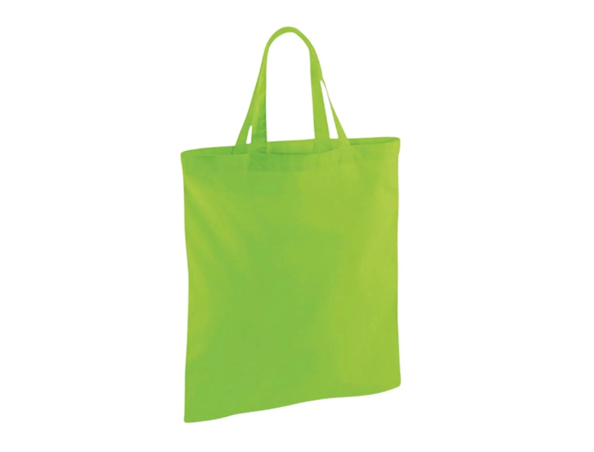 Limenvihreä puuvillakassi lyhyillä kahvoilla ja logopainatuksella (140 g/m², 38×42 cm)