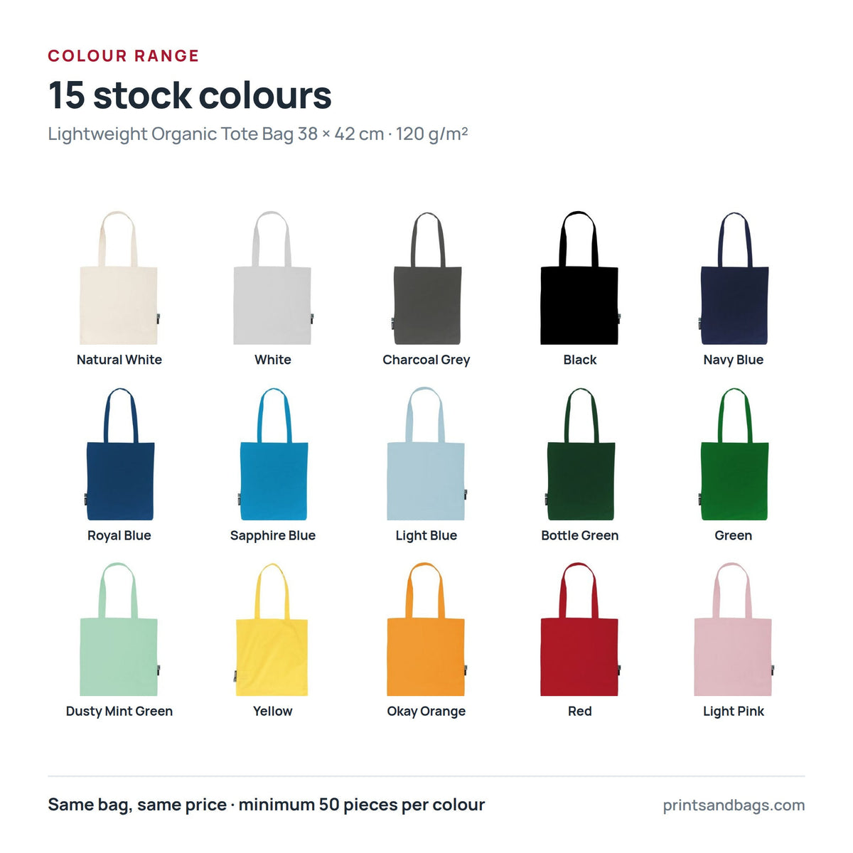 Les 15 coloris en stock du tote bag personnalisé en coton bio léger, 38 × 42 cm, 120 g/m²