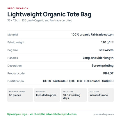 Technische Daten des leichten Jutebeutels aus Bio-Baumwolle, 38 × 42 cm, 120 g/m²: 100 % Bio-Fairtrade-Baumwolle, GOTS, OEKO-TEX und EU Ecolabel zertifiziert