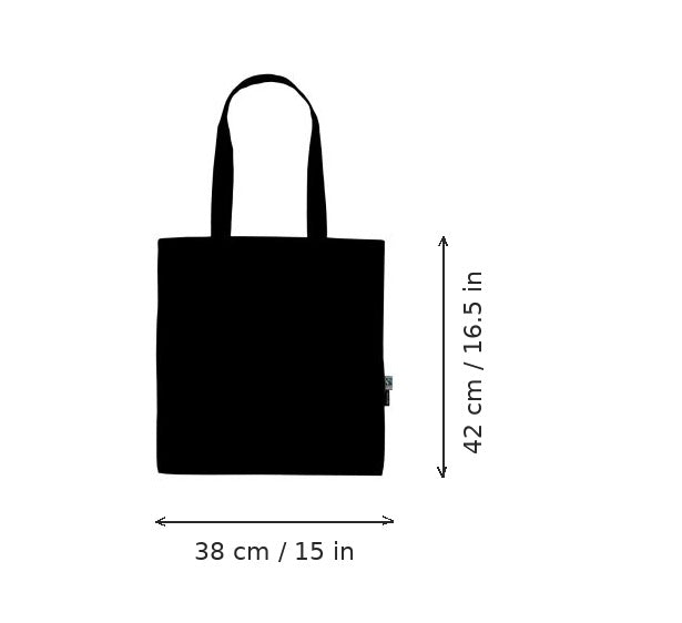Schwarzer leichter Jutebeutel aus Bio-Baumwolle mit Logodruck, 120 g/m², 38 × 42 cm, mit Maßangaben für Breite und Höhe