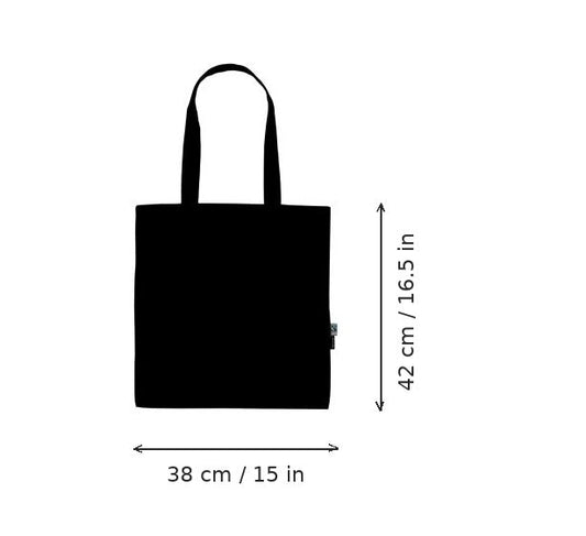 Musta kevyt kangaskassi luomupuuvillasta logopainatuksella, 120 g/m², 38 × 42 cm, mittakuvassa leveys ja korkeus