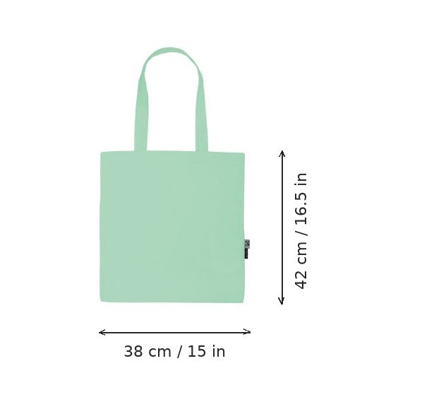 Vaalea minttuvihreä kevyt kangaskassi luomupuuvillasta logopainatuksella, 120 g/m², 38 × 42 cm, mittakuvassa leveys ja korkeus