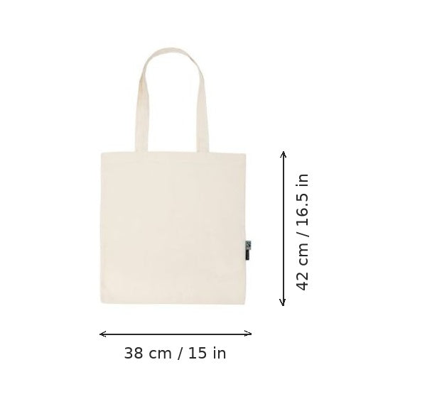 Tote bag léger en coton biologique naturel avec impression de logo, 120 g/m², 38 × 42 cm, avec dimensions de largeur et de hauteur
