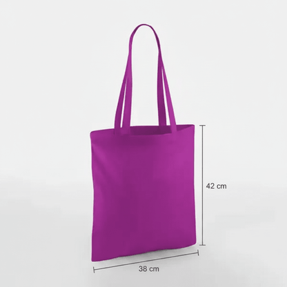 Magentanvioletti kangaskassi pitkillä kahvoilla ja omalla painatuksella, 38 × 42 cm, korkeus- ja leveysmitat merkittynä