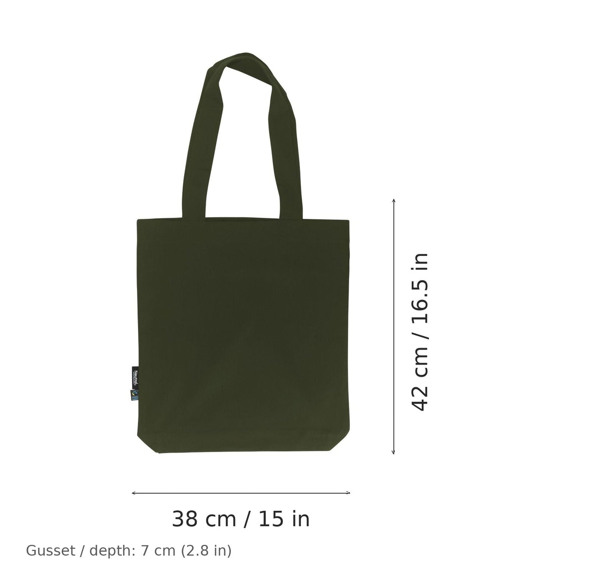 Military green Fairtrade organic twill cotton tote bag with logo print, 210 g/m², 38 × 42 cm with 7 cm gusset, shown with width and height measurement markings