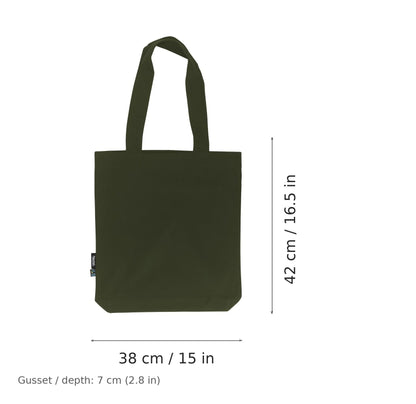 Military green Fairtrade organic twill cotton tote bag with logo print, 210 g/m², 38 × 42 cm with 7 cm gusset, shown with width and height measurement markings