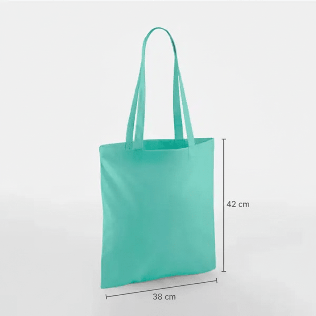 Mint green classic cotton tote bag with long handles and custom print, 38 × 42 cm, shown with height and width measurement markings