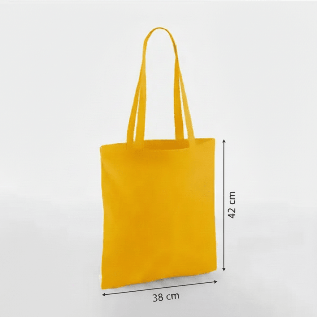 Borsa in tela di cotone classica giallo senape con manici lunghi e stampa personalizzata, 38 × 42 cm, con indicazioni di altezza e larghezza
