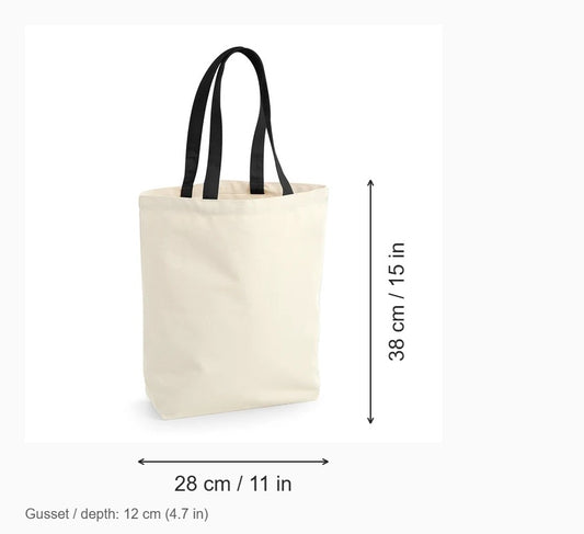 Luonnonvalkoinen Camden-kangaskassi Fairtrade-puuvillasta mustilla kahvoilla, 407 g/m², mitat: leveys 28 cm, korkeus 38 cm, kiila 12 cm