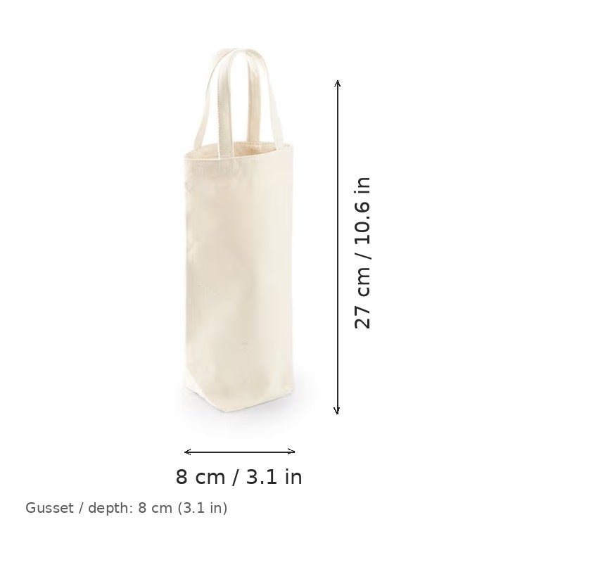 Portabottiglie in cotone Fairtrade naturale con stampa personalizzata, 407 g/m², 8 × 27 cm con soffietto da 8 cm, con misure di larghezza e altezza