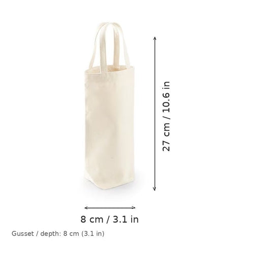 Sac à vin en coton Fairtrade naturel avec impression logo personnalisée, 407 g/m², 8 × 27 cm avec soufflet de 8 cm, avec dimensions de largeur et de hauteur
