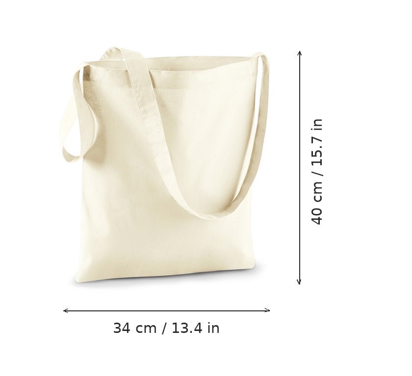 Naturfarbener Jutebeutel mit Schulterriemen und Individualdruck, 140 g/m², 34 × 40 cm, mit Maßangaben für Breite und Höhe