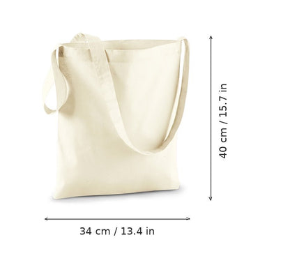 Naturfarbener Jutebeutel mit Schulterriemen und Individualdruck, 140 g/m², 34 × 40 cm, mit Maßangaben für Breite und Höhe