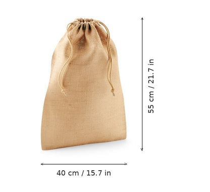 Natur-jute mulepose med logotryk, 300 g/m², størrelse L 40 × 55 cm, vist med mål for bredde og højde