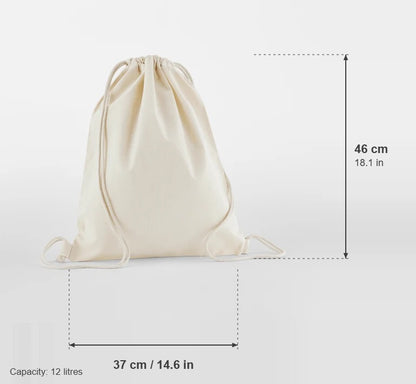 Sacca sportiva in cotone biologico, colore Naturale, 140 g/m², con misure: 37 cm di larghezza, 46 cm di altezza, 12 litri