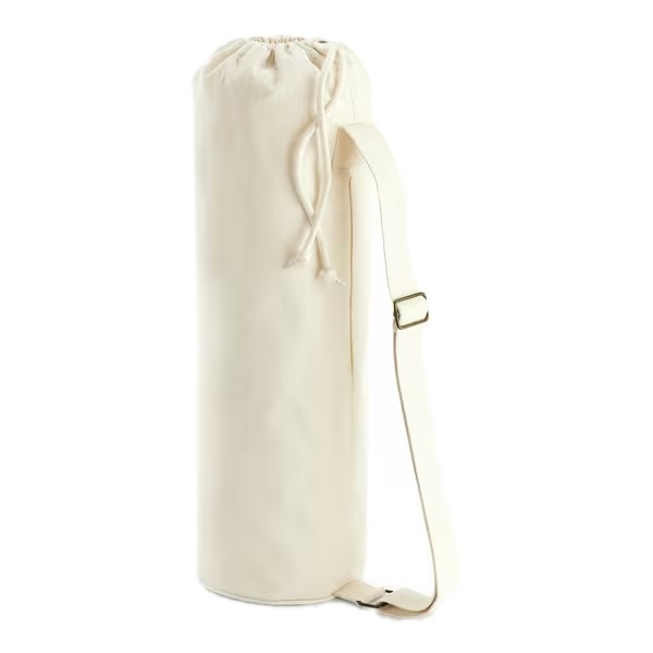 Natural organic cotton yoga mat bag with rope drawcord and adjustable shoulder strap, 19 × 69 × 19 cm