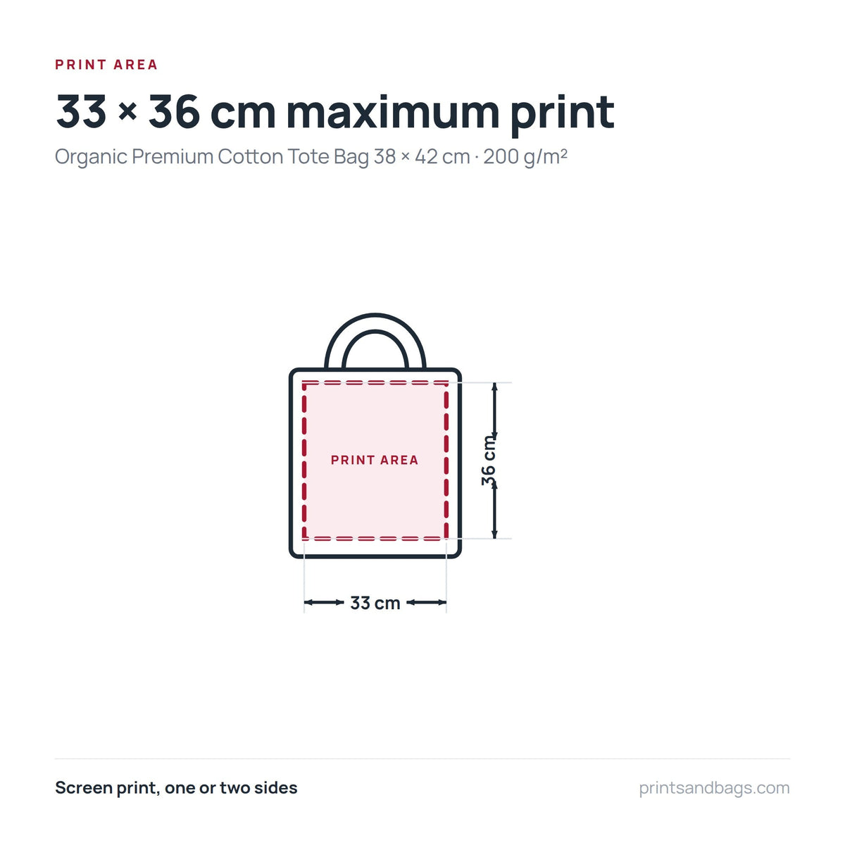 Diagram of the 33 × 36 cm maximum print area on a 38 × 42 cm organic premium cotton tote bag, 200 g/m²
