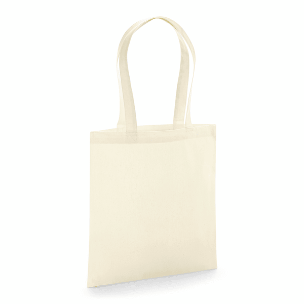 Natural GOTS certified organic premium cotton tote bag with long handles and custom logo print, 200 g/m², 38 × 42 cm