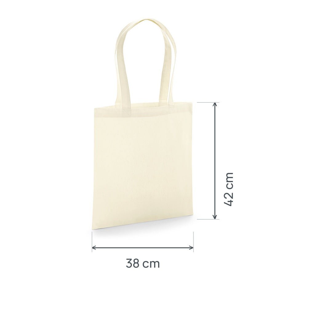 Natural GOTS certified organic premium cotton tote bag, 200 g/m², 38 × 42 cm, shown with height and width measurement markings