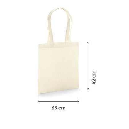 Natural GOTS certified organic premium cotton tote bag, 200 g/m², 38 × 42 cm, shown with height and width measurement markings