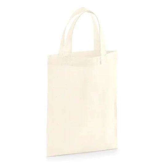 Natural tiny cotton bag with short handles and custom logo print, 140 g/m², 19 × 25 cm