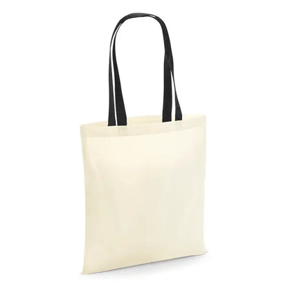 Luonnonvalkoinen puuvillainen kangaskassi mustilla kahvoilla ja omalla logopainatuksella, 140 g/m², 38 × 42 cm