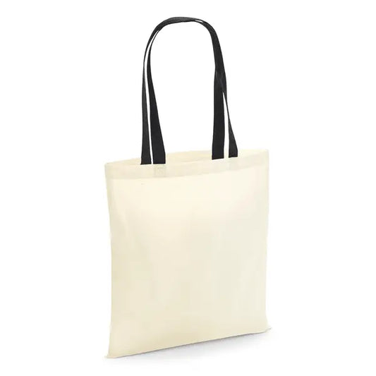 Luonnonvalkoinen puuvillainen kangaskassi mustilla kahvoilla ja omalla logopainatuksella, 140 g/m², 38 × 42 cm