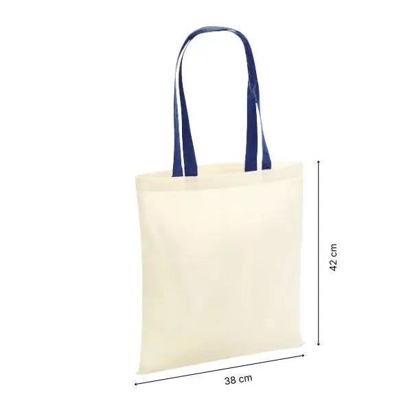 Tote bag personnalisé en coton naturel à anses bleu marine avec dimensions en cm et en pouces