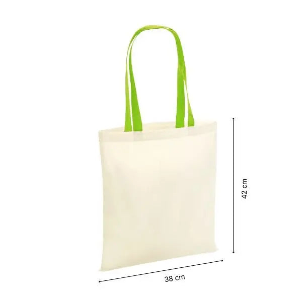 Tote bag personnalisé en coton naturel à anses vert citron avec dimensions en cm et en pouces