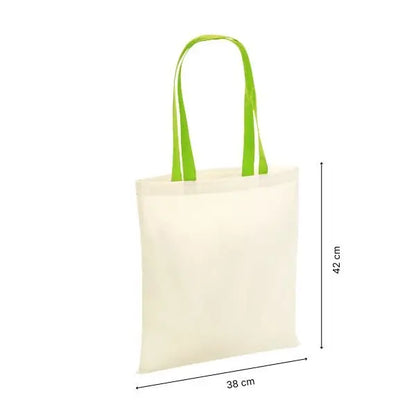 Tote bag personnalisé en coton naturel à anses vert citron avec dimensions en cm et en pouces