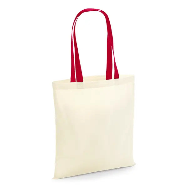 Natural cotton tote bag with red handles and custom logo print, 140 g/m², 38 × 42 cm