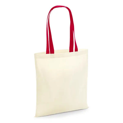 Natural cotton tote bag with red handles and custom logo print, 140 g/m², 38 × 42 cm