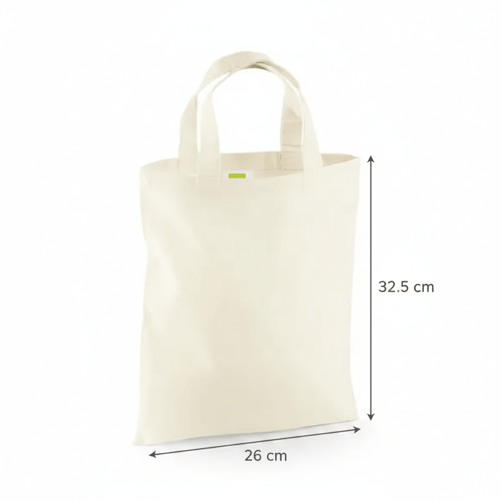 Naturhvid mini-mulepose i bomuld med mål 26 cm i bredden og 32,5 cm i højden