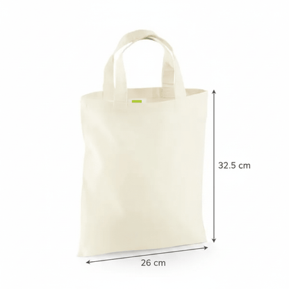Naturhvid mini-mulepose i bomuld med mål 26 cm i bredden og 32,5 cm i højden