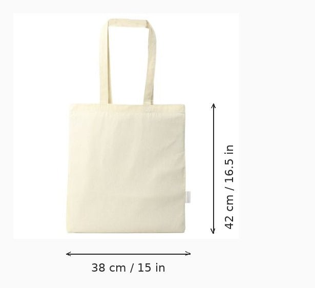 Tote bag en toile blanc cassé avec repères de dimensions indiquant une hauteur de 42 cm (16,5 po) et une largeur de 38 cm (15 po), sur fond blanc