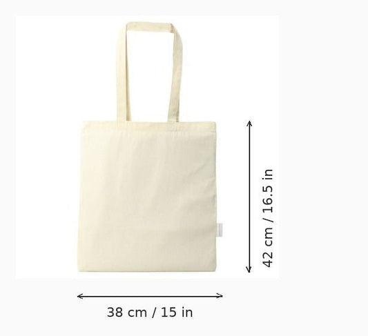 Murtovalkoinen canvas-kangaskassi mittamerkinnöillä: korkeus 42 cm (16,5 tuumaa) ja leveys 38 cm (15 tuumaa), valkoisella taustalla.