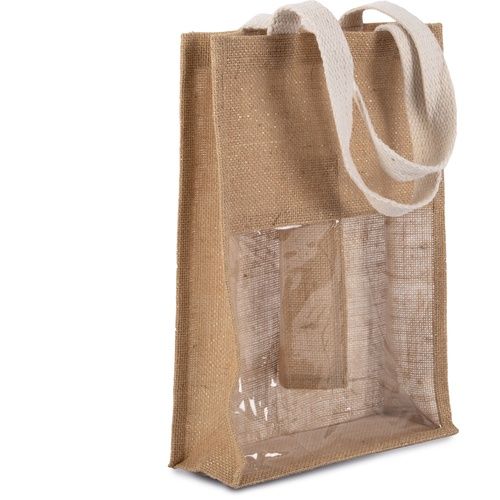 Natural and gold jute wine bag for two bottles with logo print, 330 g/m²