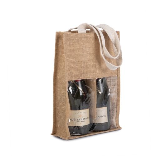Natural and gold jute wine bag for two bottles with logo print and white handles, 330 g/m²