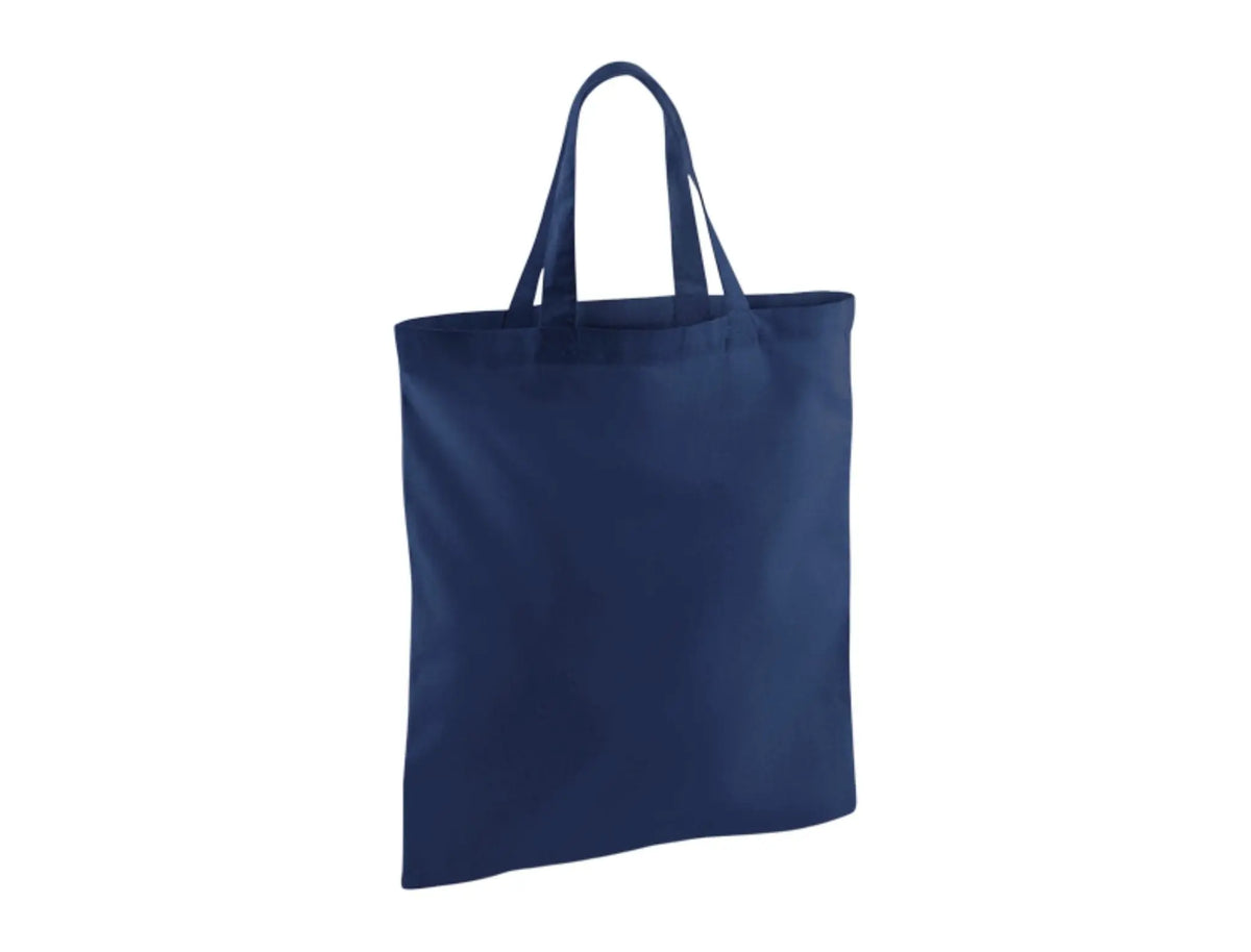 Navy blue cotton tote bag with short handles and custom logo print, 140 g/m², 38 × 42 cm