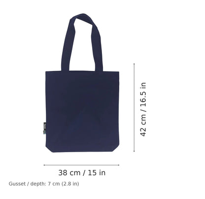 Tote bag personnalisé en twill biologique bleu marine, 210 g/m², 38 × 42 cm avec soufflet de 7 cm, avec dimensions de largeur et de hauteur