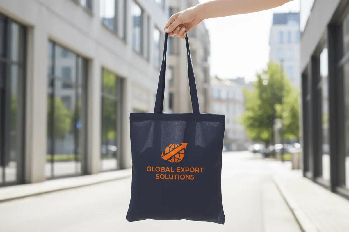 Laivastonsininen puuvillainen kangaskassi logopainatuksella (220 g/m², 38×42 cm) – kuva 3