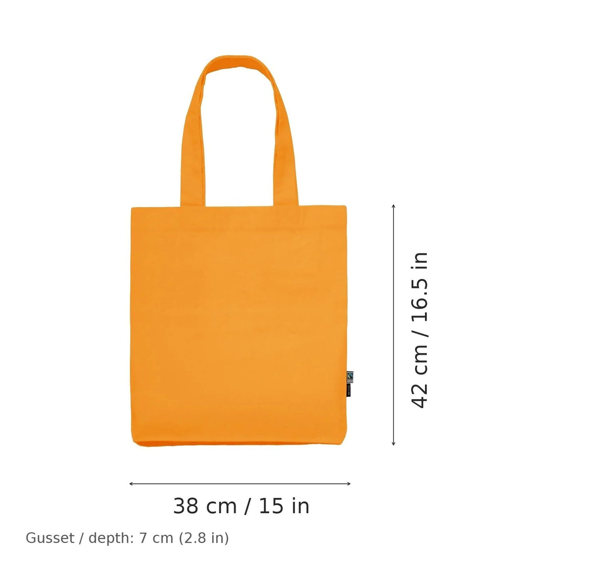 Tote bag personnalisé en twill biologique orange, 210 g/m², 38 × 42 cm avec soufflet de 7 cm, avec dimensions de largeur et de hauteur