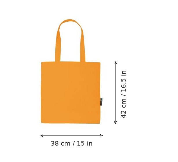 Bolsa de algodón orgánico ligera naranja con estampado de logotipo, 120 g/m², 38 × 42 cm, con medidas de ancho y alto